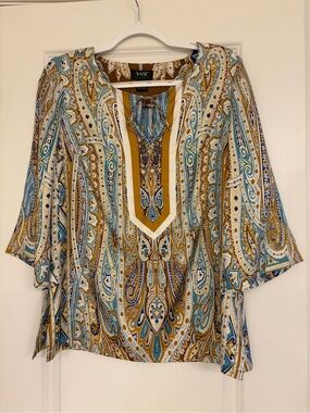 YASB Paisley V-Neck Silk Tunic in Mustard and Blue